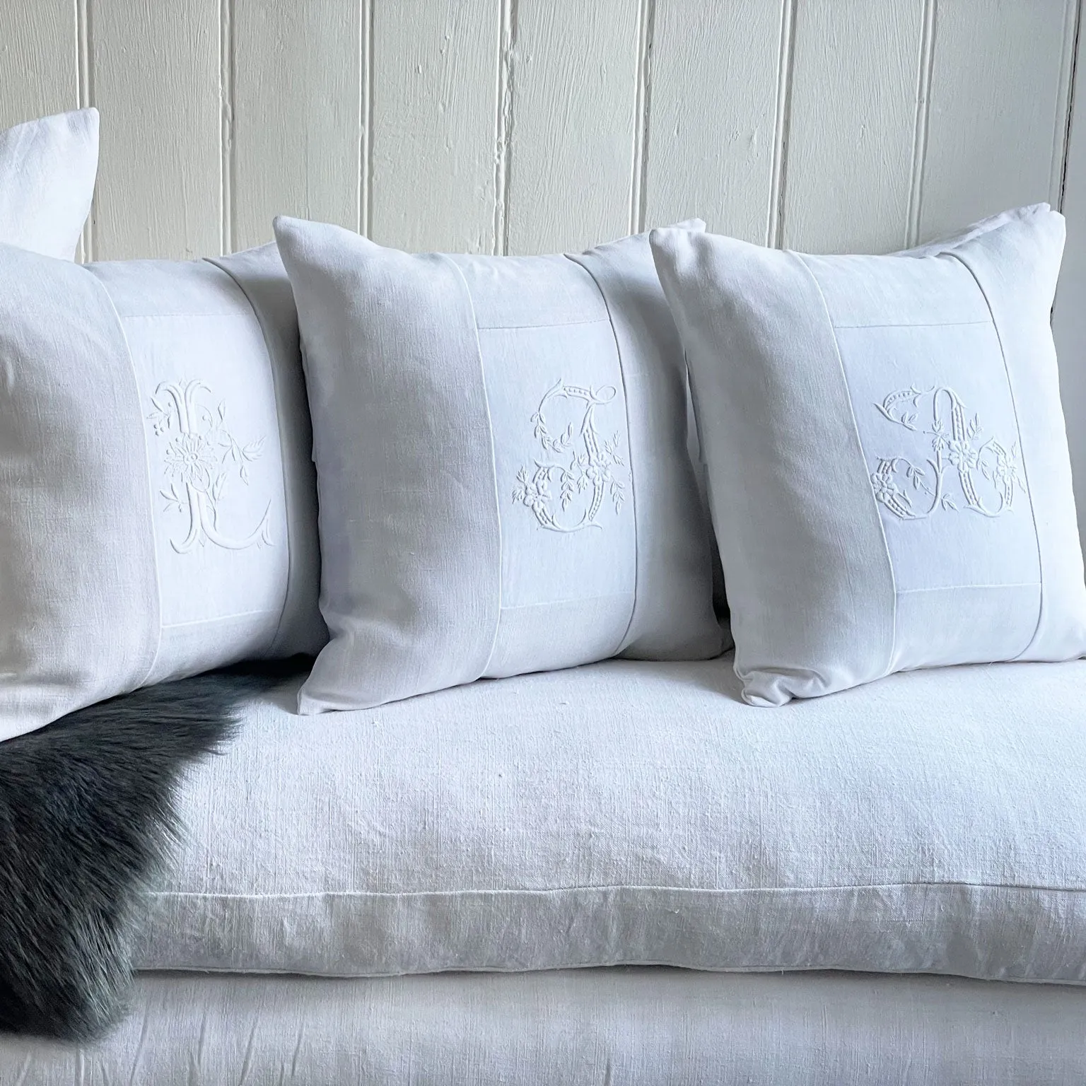 A - An Antique French White on White 'A' Monogrammed 40cm Cushion