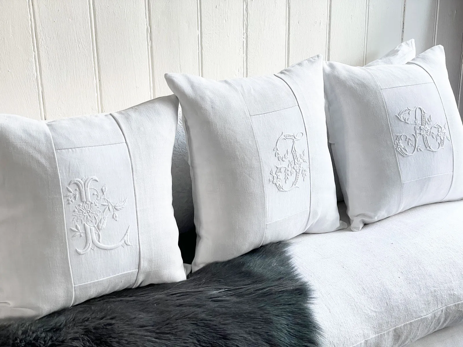 A - An Antique French White on White 'A' Monogrammed 40cm Cushion