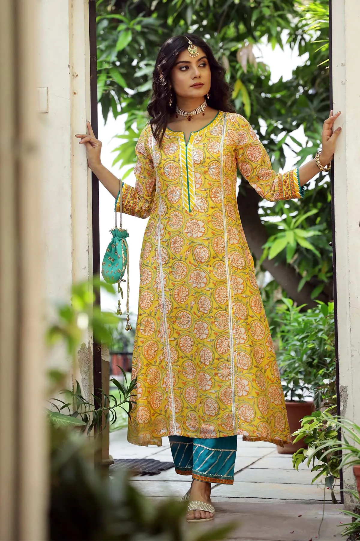 A-line Kurta in Yellow printed Chanderi fabric