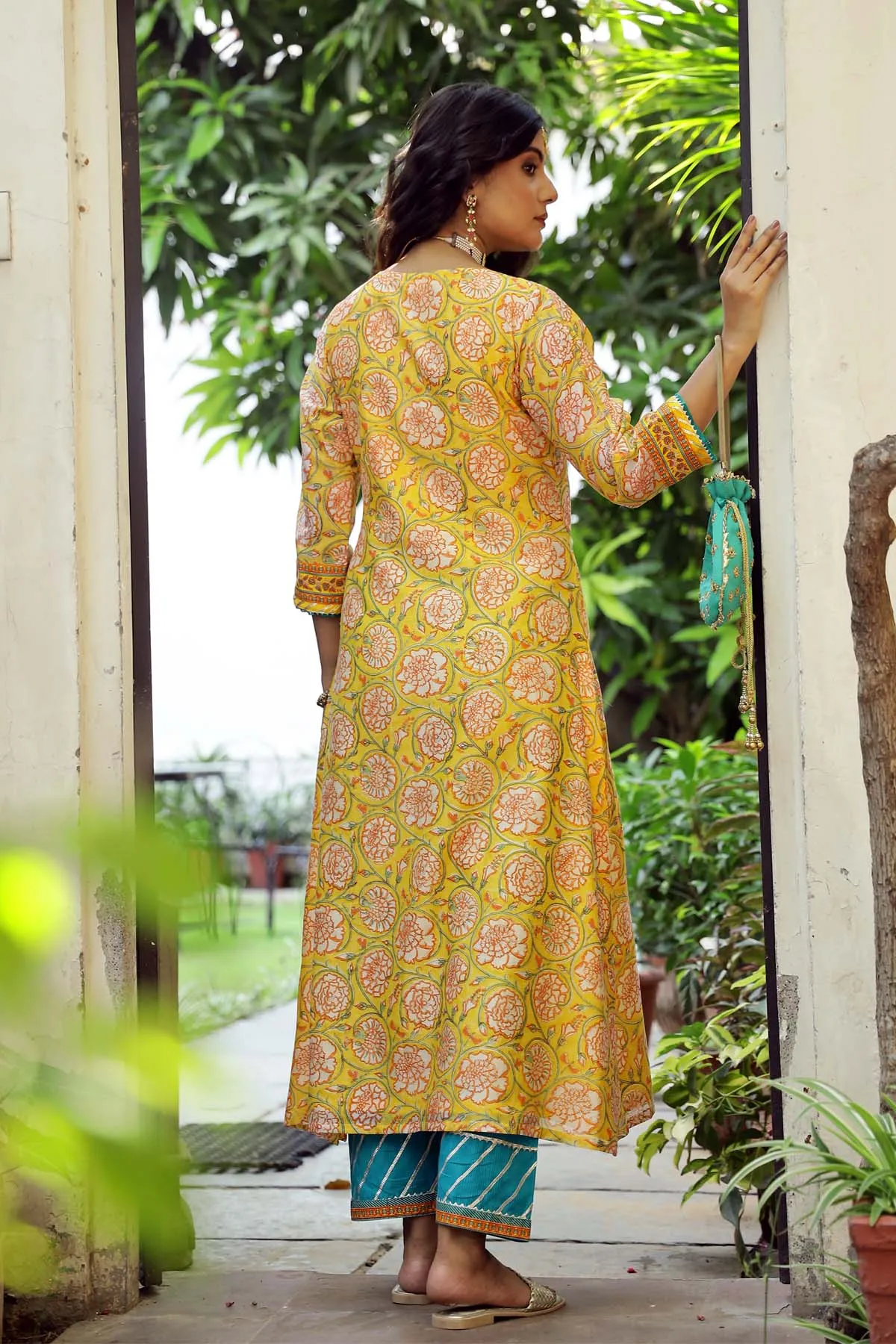 A-line Kurta in Yellow printed Chanderi fabric