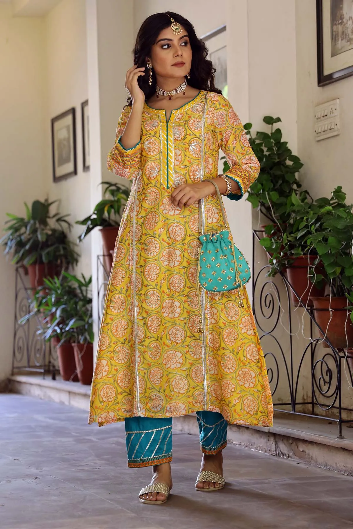 A-line Kurta in Yellow printed Chanderi fabric