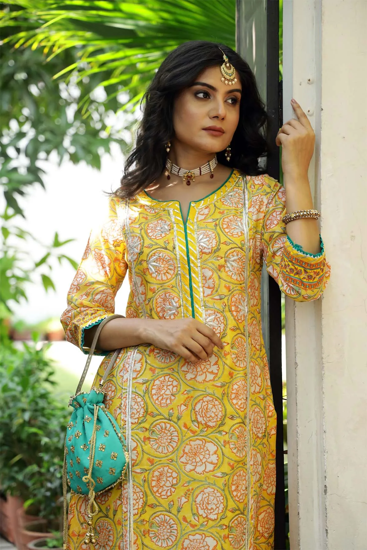 A-line Kurta in Yellow printed Chanderi fabric