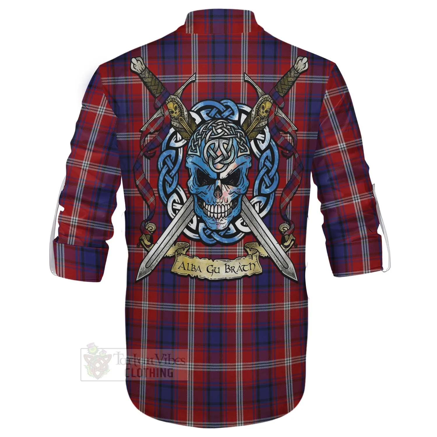 Ainslie Tartan Ghillie Kilt Shirt with Family Crest Celtic Skull Style