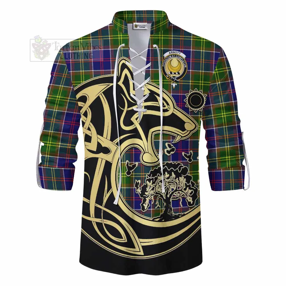 Arnott Tartan Ghillie Kilt Shirt with Family Crest Celtic Wolf Style