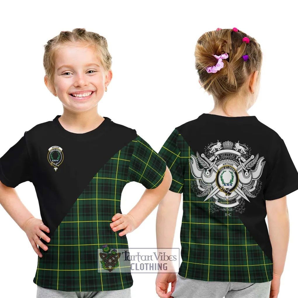 Arthur Modern Tartan Kid T-Shirt with Family Crest and Military Logo Style