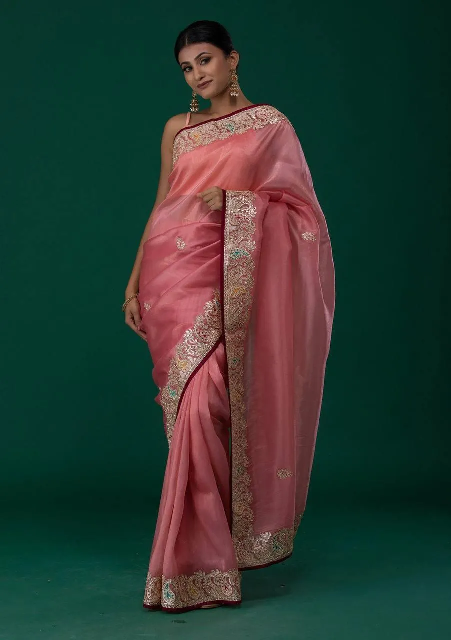 Baby Pink Organza Silk  Saree