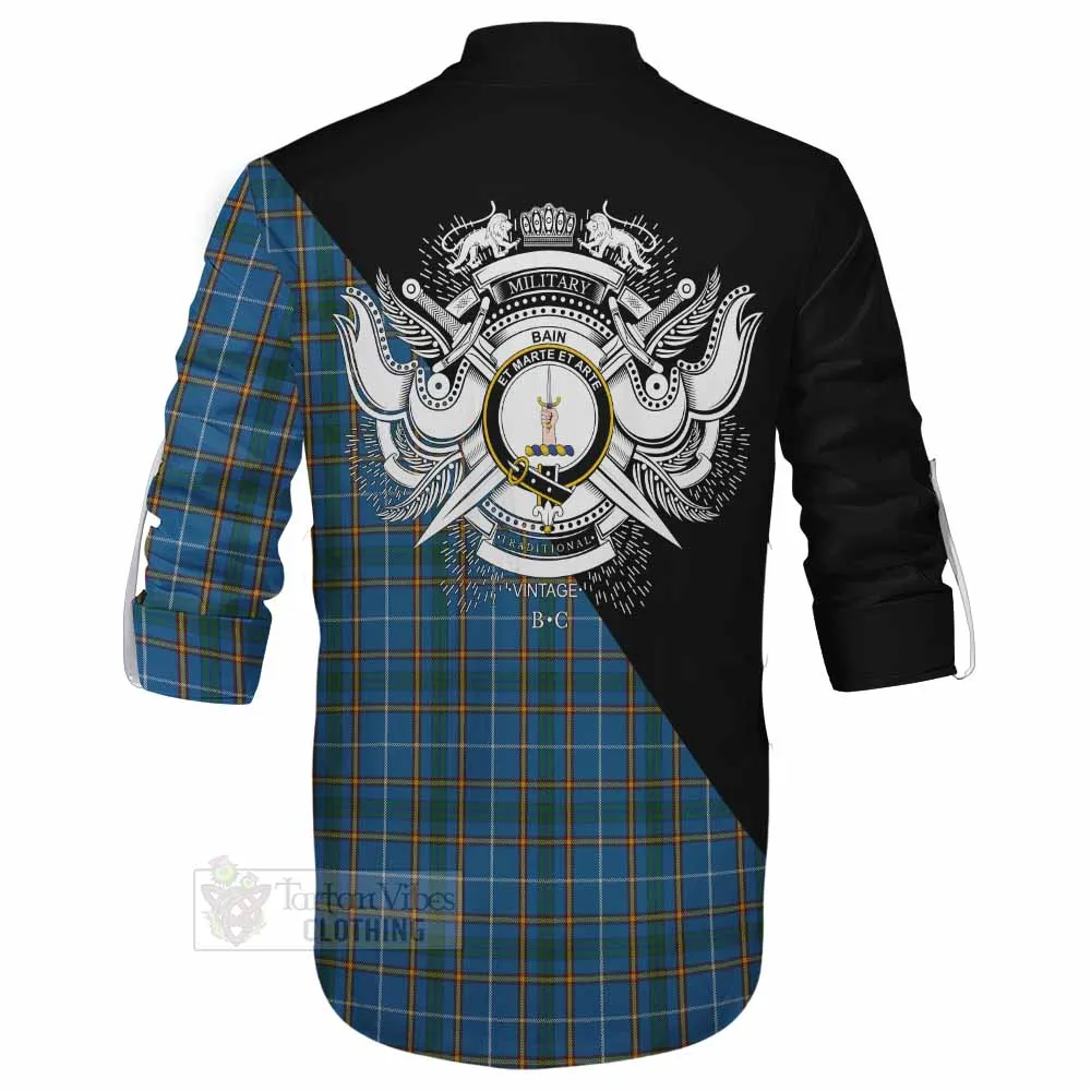 Bain Tartan Ghillie Kilt Shirt with Family Crest and Military Logo Style