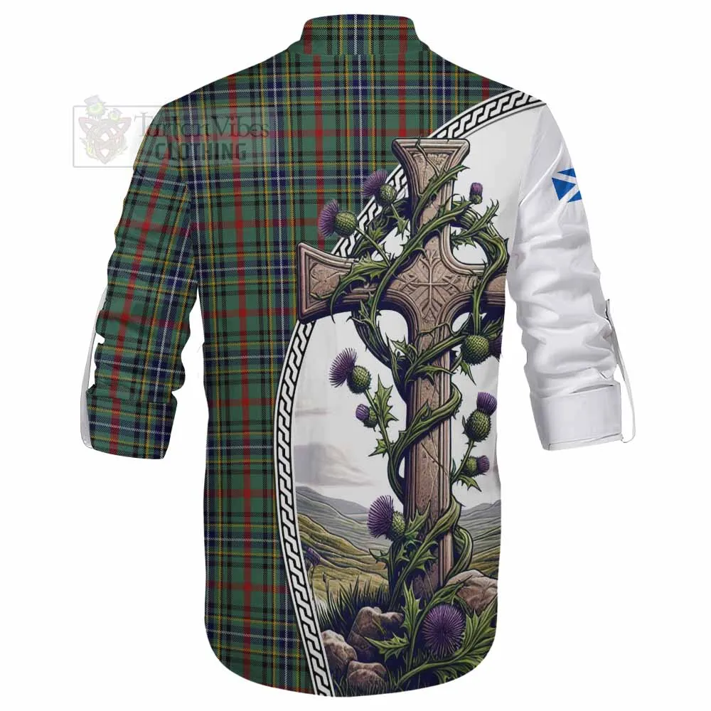 Bisset Tartan Ghillie Kilt Shirt with Family Crest and St. Andrew's Cross Accented by Thistle Vines