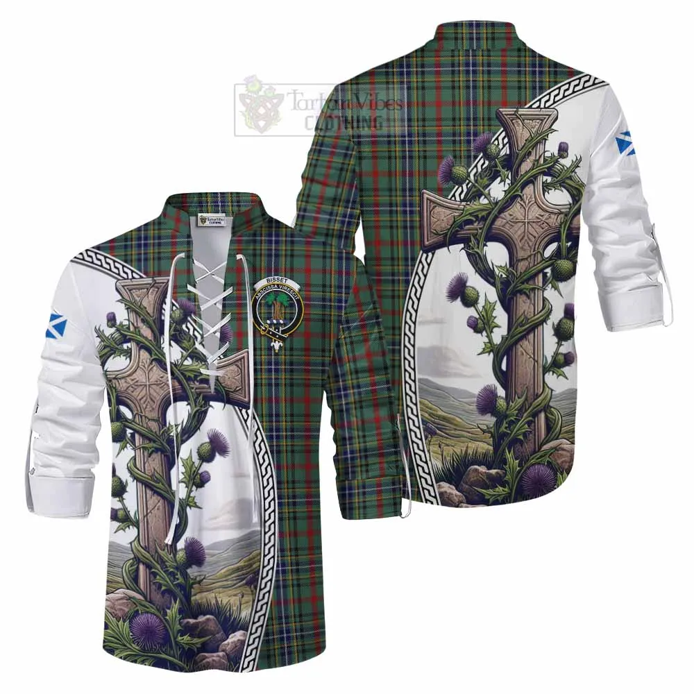 Bisset Tartan Ghillie Kilt Shirt with Family Crest and St. Andrew's Cross Accented by Thistle Vines