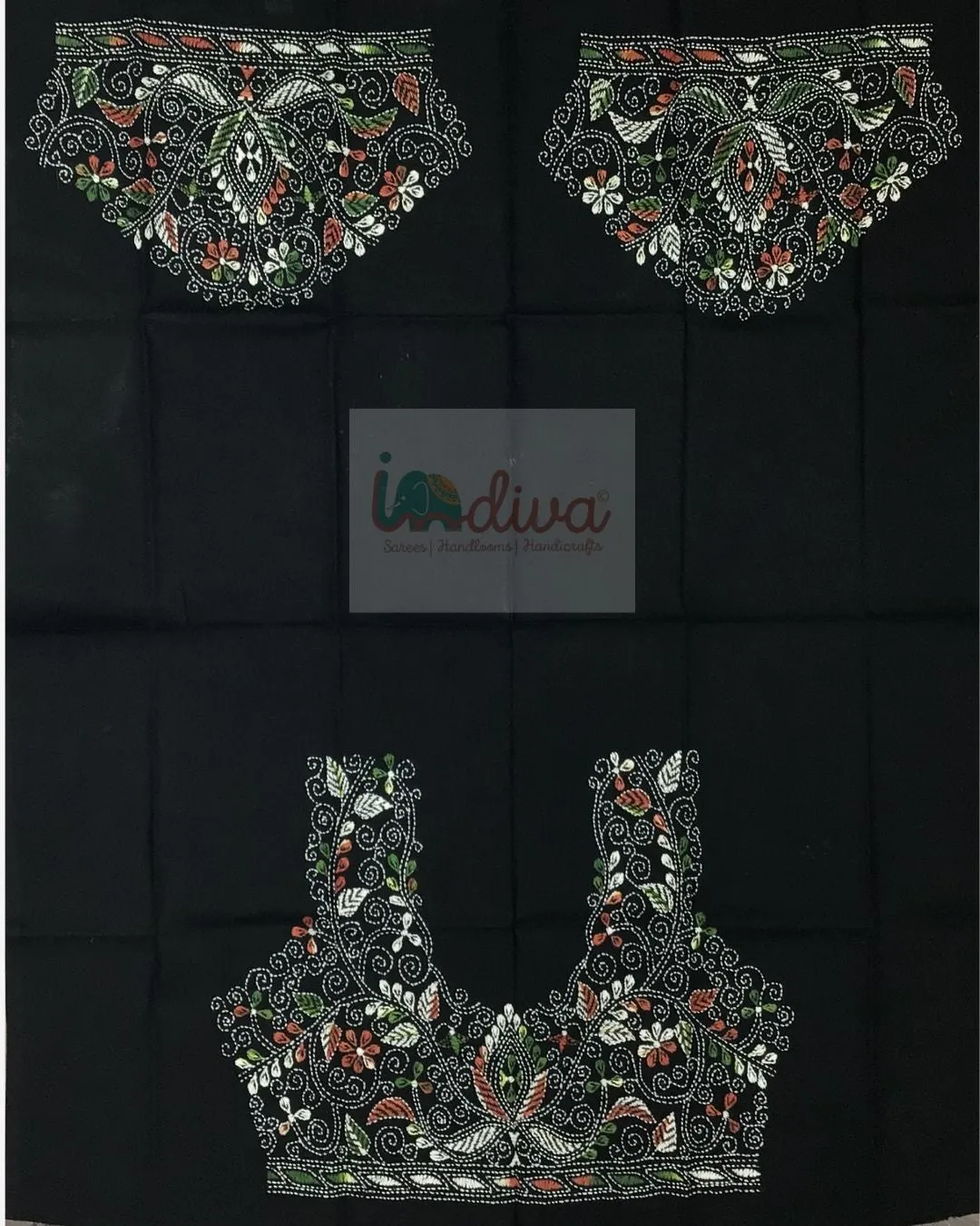 Black Kantha Blouse Fabric With White, Green, & Orange Motifs