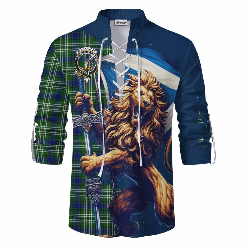 Blackadder Tartan Family Crest Ghillie Kilt Shirt with Scottish Majestic Lion