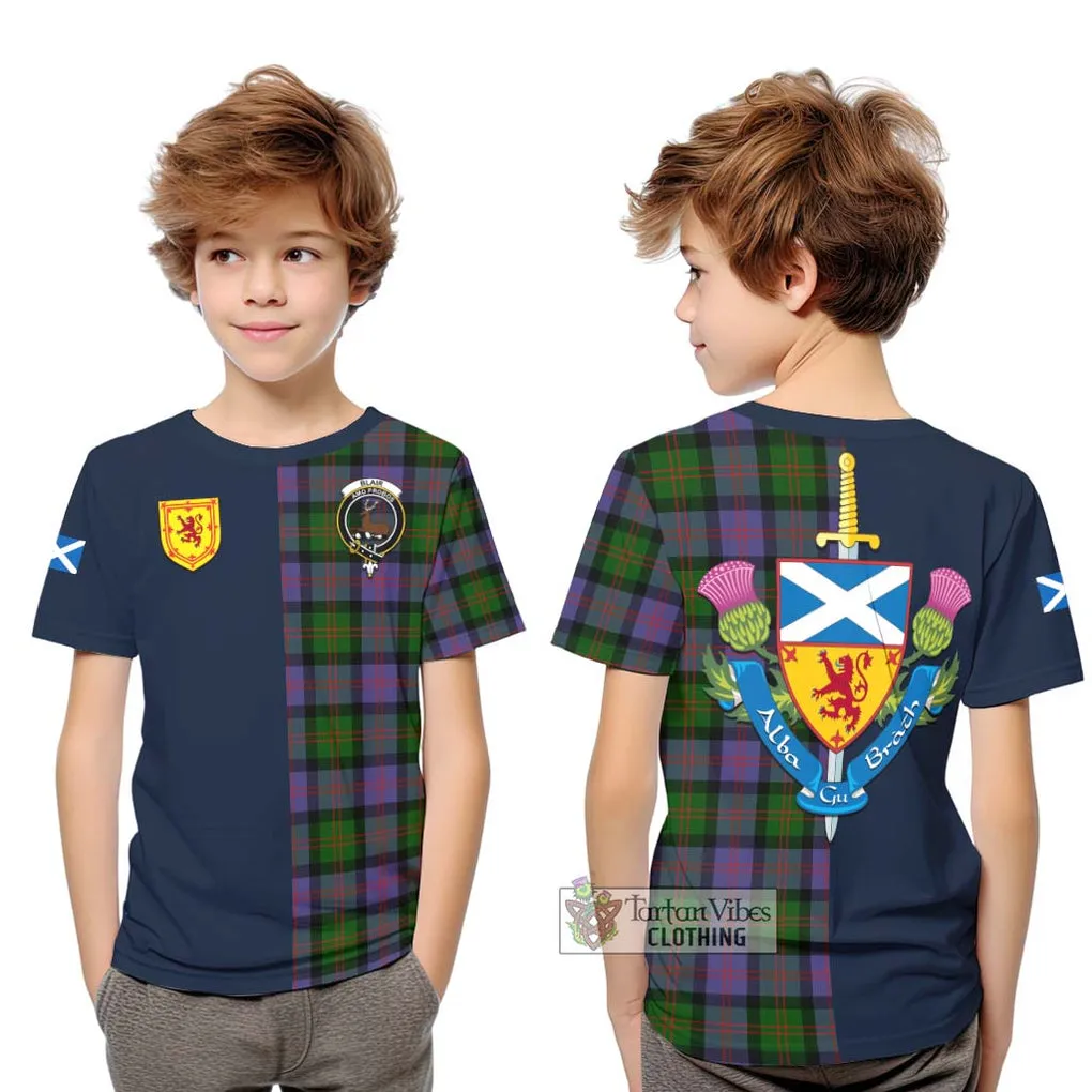 Blair Modern Tartan Kid T-Shirt Alba with Scottish Lion Royal Arm Half Style