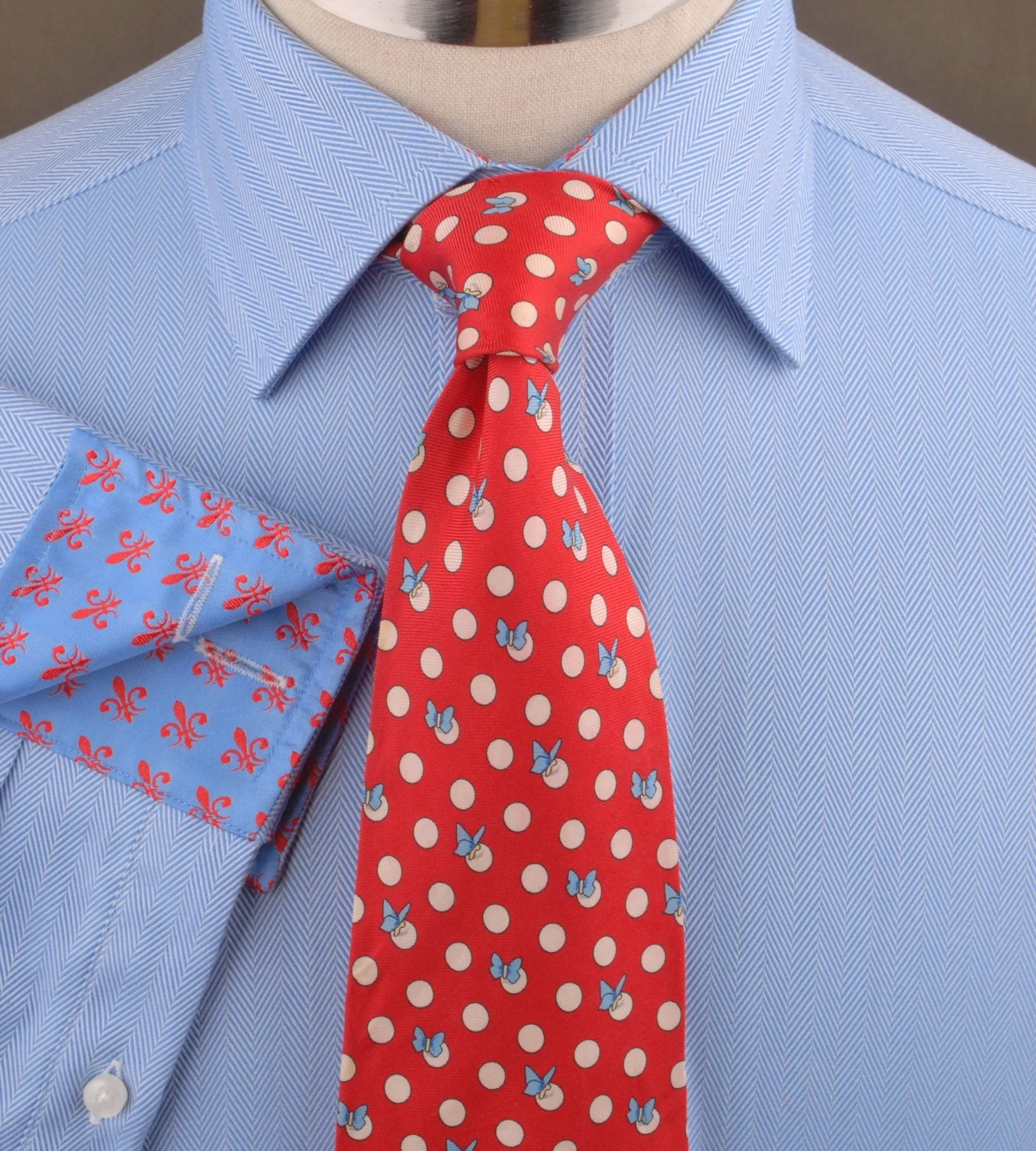 Blue Herringbone Formal Business Dress Shirt with Red Fleur-De-Lis