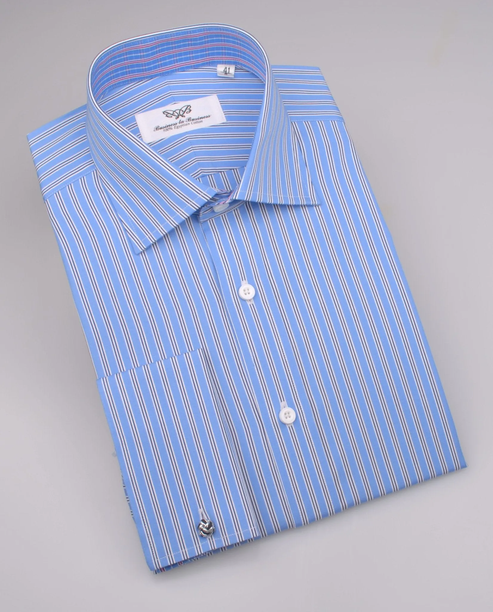 Blue Hollow Striped Formal Business Dress Shirt with Pink Designer Inner-Lining