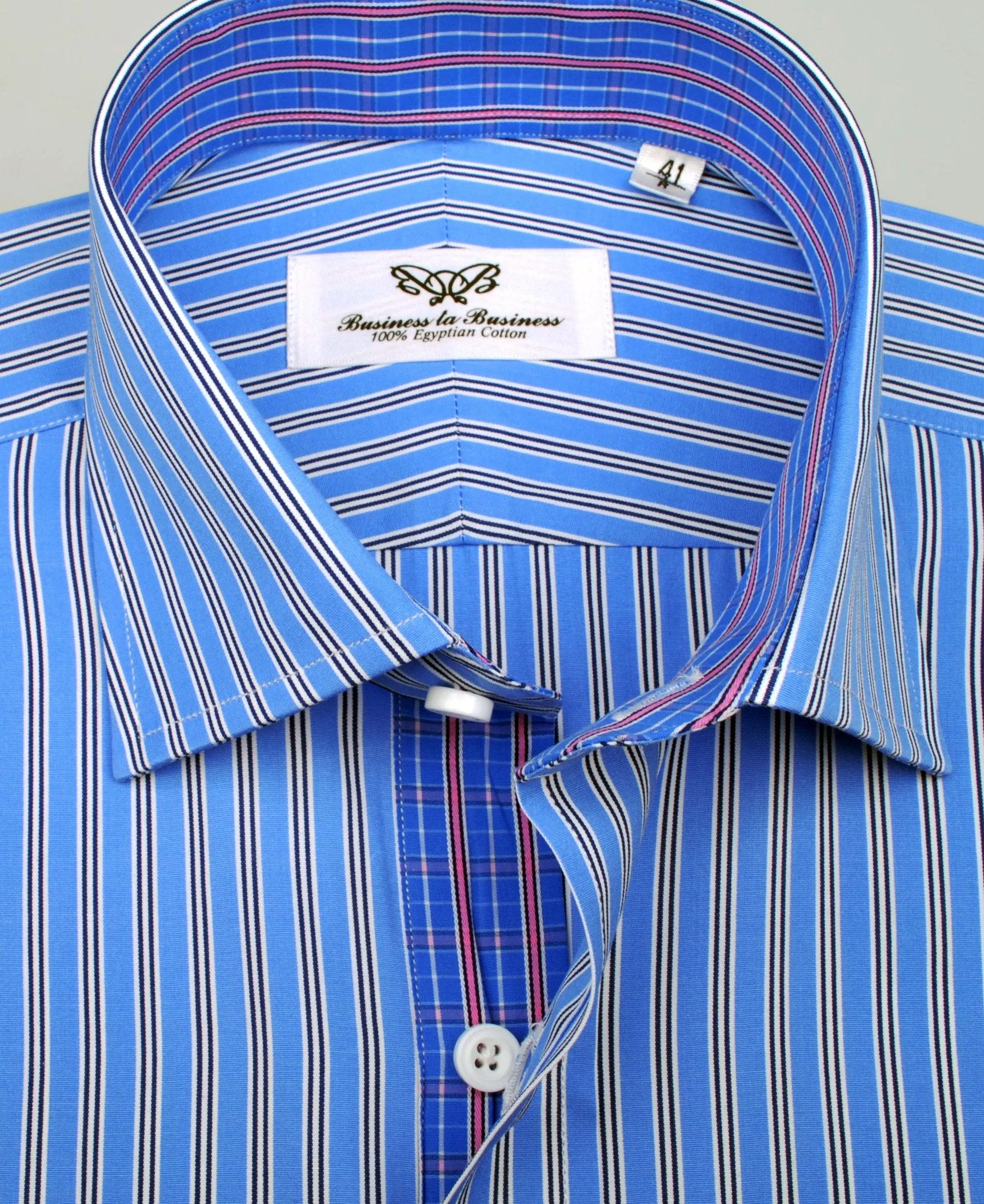 Blue Hollow Striped Formal Business Dress Shirt with Pink Designer Inner-Lining