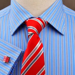 Blue Hollow Striped Formal Business Dress Shirt with Pink Designer Inner-Lining