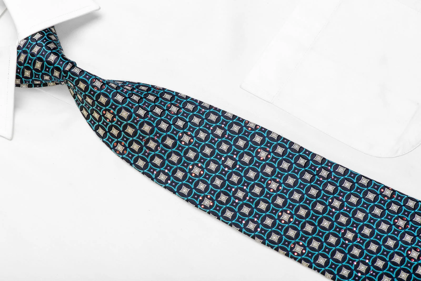 Blue Silver Geometric On Black Rhinestone Necktie With Sparkles