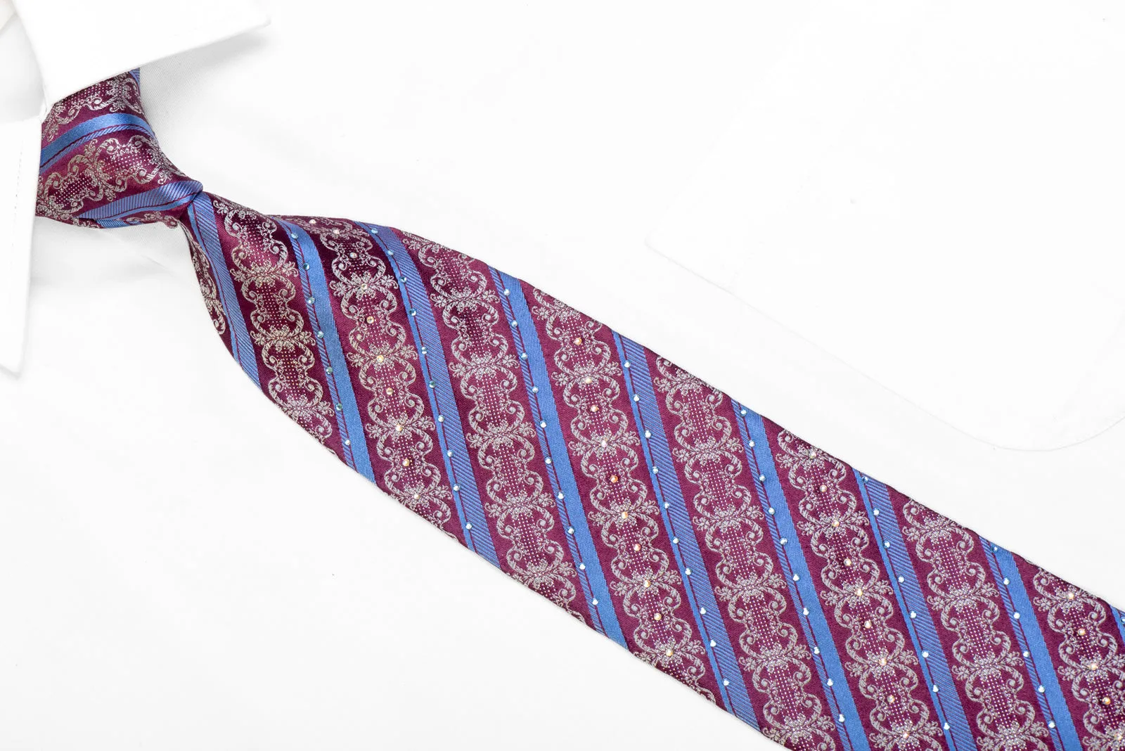 Blue Striped & Silver Cartouche On Burgundy Rhinestone Tie With Sparkles