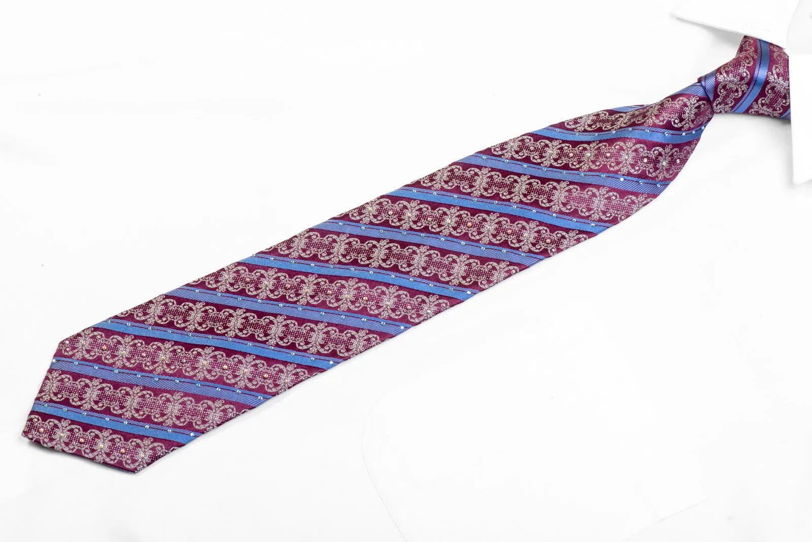 Blue Striped & Silver Cartouche On Burgundy Rhinestone Tie With Sparkles