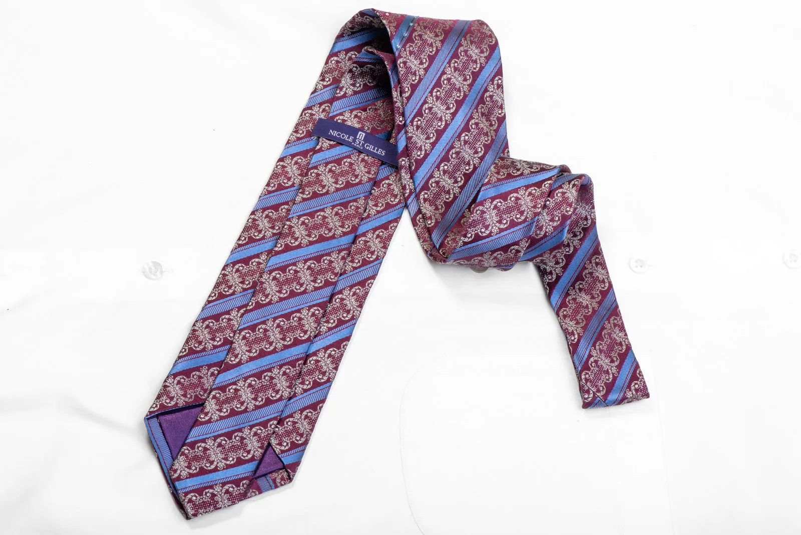 Blue Striped & Silver Cartouche On Burgundy Rhinestone Tie With Sparkles