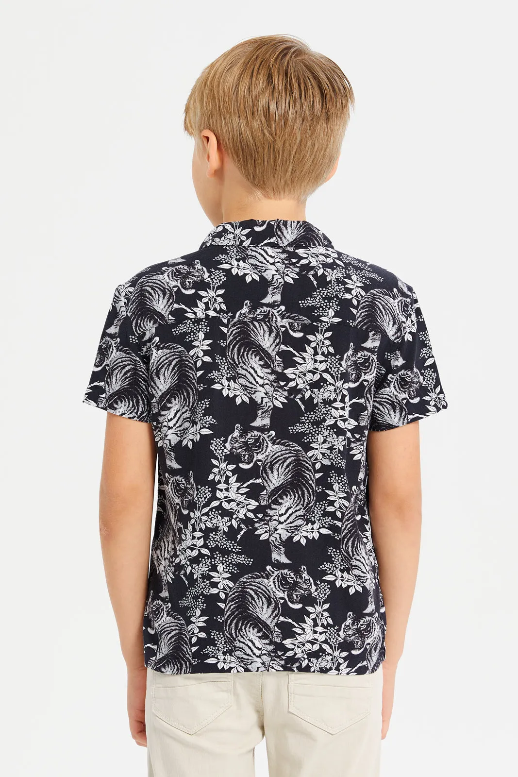 Boys Black Printed Resort Collar Oversized Shirt