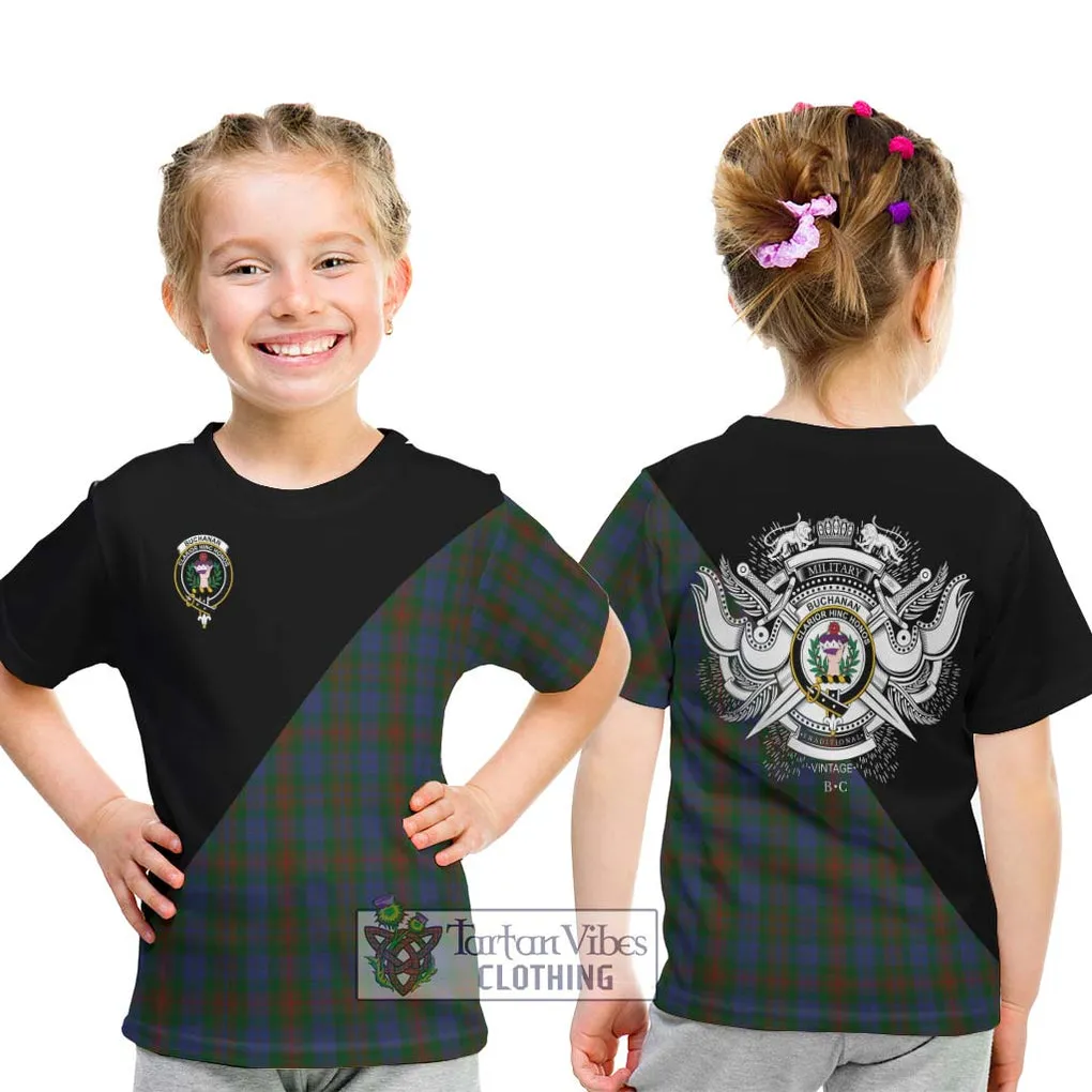 Buchanan Hunting Tartan Kid T-Shirt with Family Crest and Military Logo Style