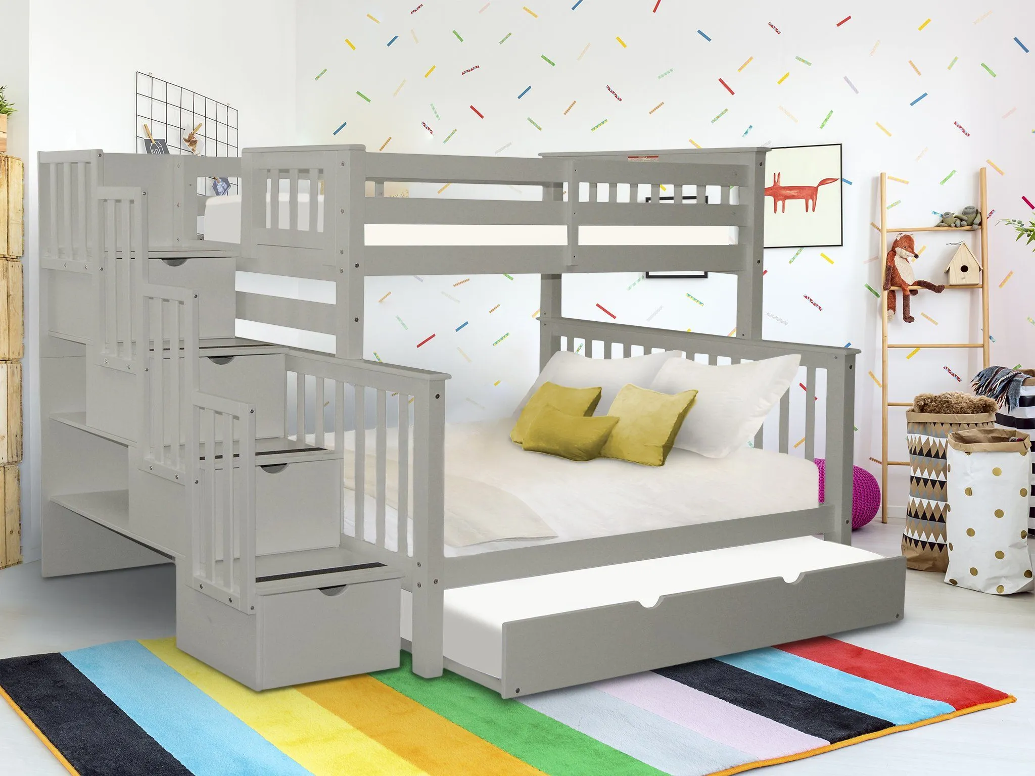 Bunk Beds Twin over Full Stairway Gray   Trundle