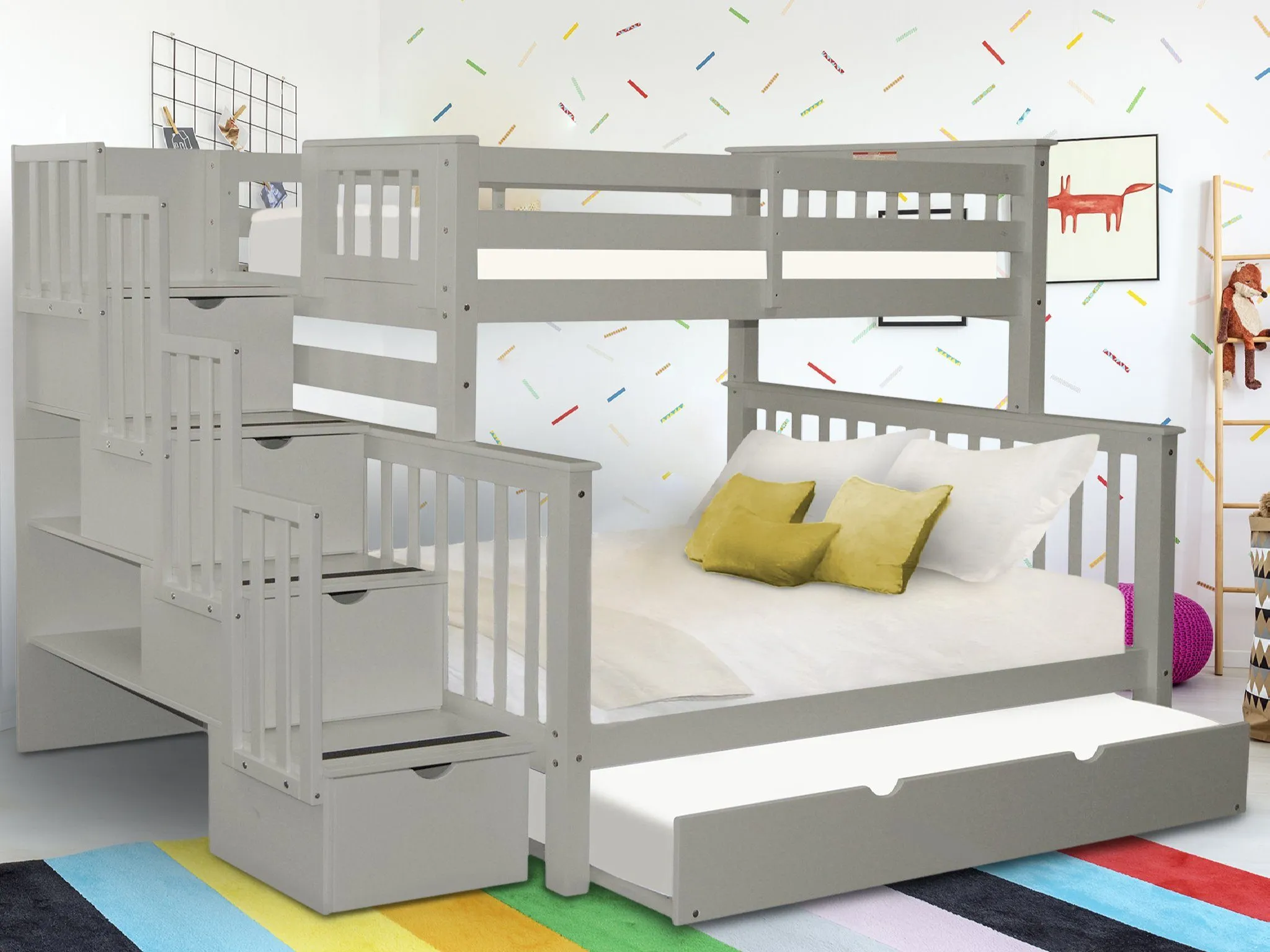 Bunk Beds Twin over Full Stairway Gray   Trundle