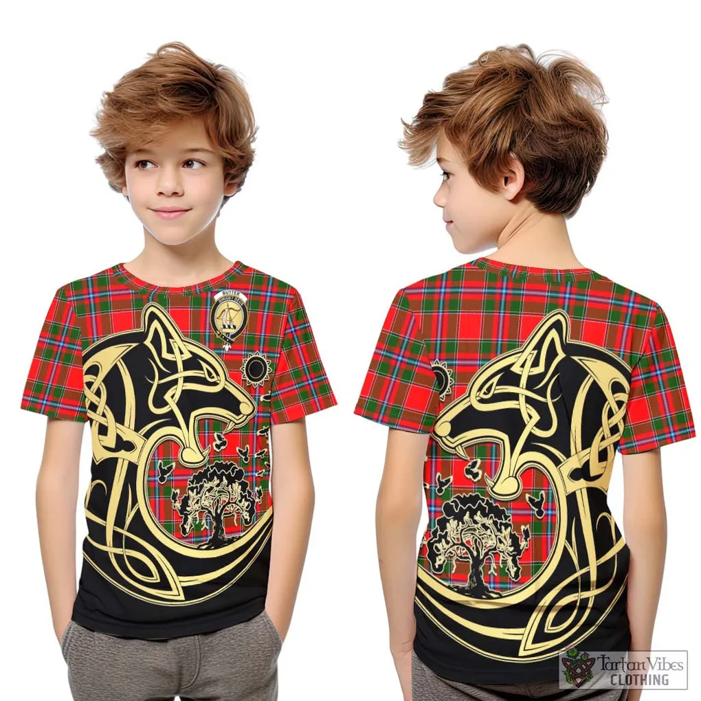 Butter Tartan Kid T-Shirt with Family Crest Celtic Wolf Style