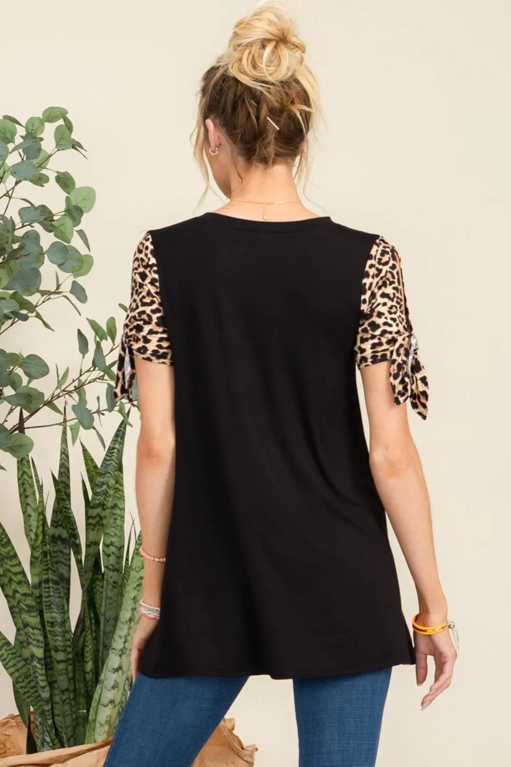 Celeste Full Size Open Tie Sleeve Leopard Color Blocked Top