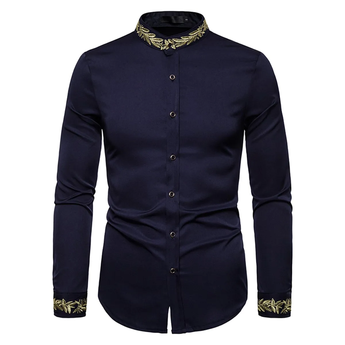 Chemise Homme Spring Royal Court Style Solid Floral Embroidered Solid Dress Shirts Slim Fit Casual Long Sleeve Shirts