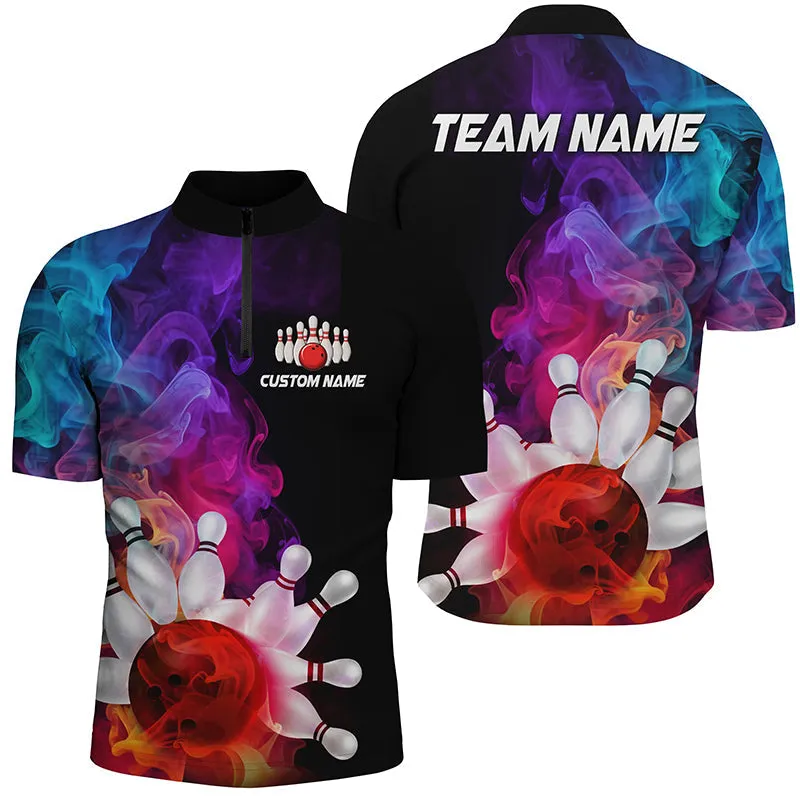 Colorful Bowling Quarter Zip Shirts For Men Smoke Bowling Jerseys Bowling Team Shirts