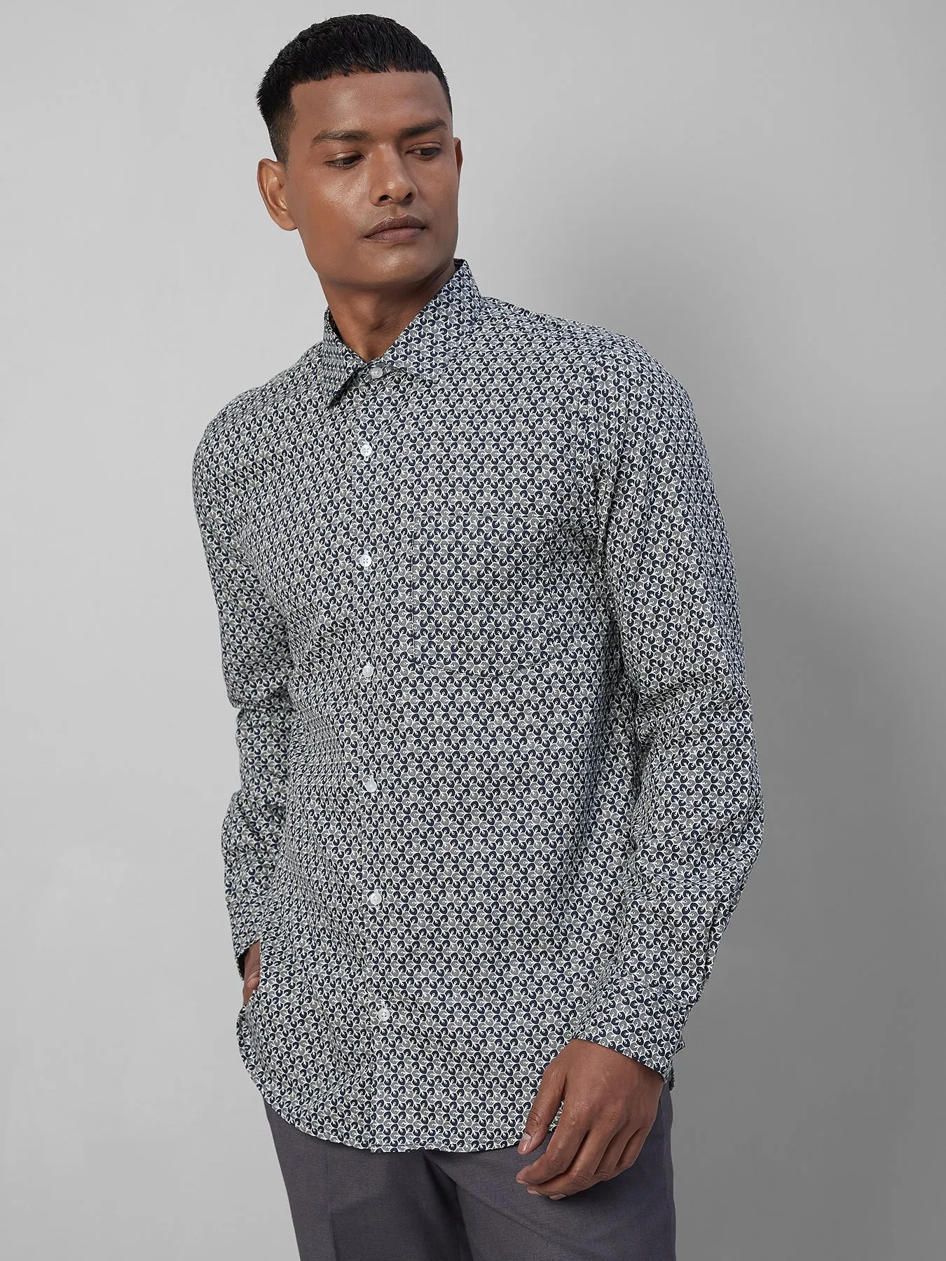 COTTON TENCEL Grey SLIM FIT Full Sleeve Formal Mens Printed Shirts