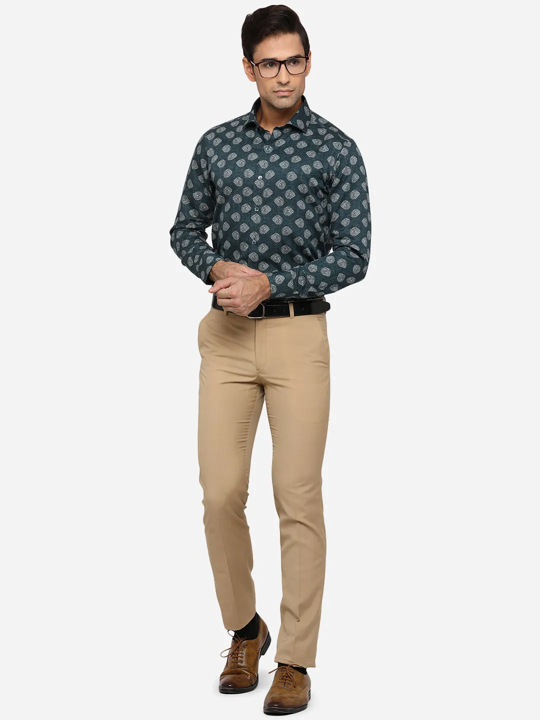 Dark Green & White Printed Slim Fit Party Wear Shirt | Wyre