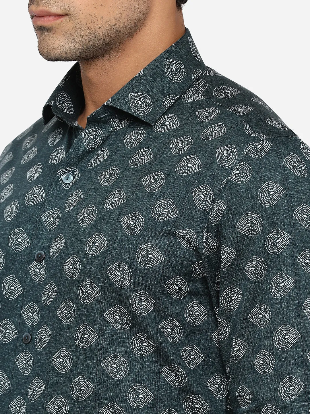 Dark Green & White Printed Slim Fit Party Wear Shirt | Wyre