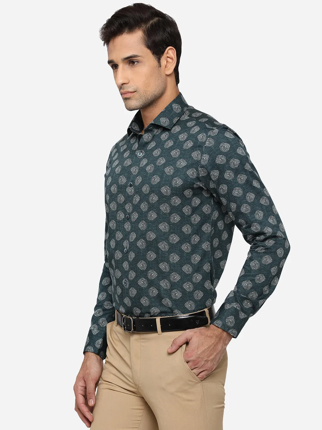 Dark Green & White Printed Slim Fit Party Wear Shirt | Wyre