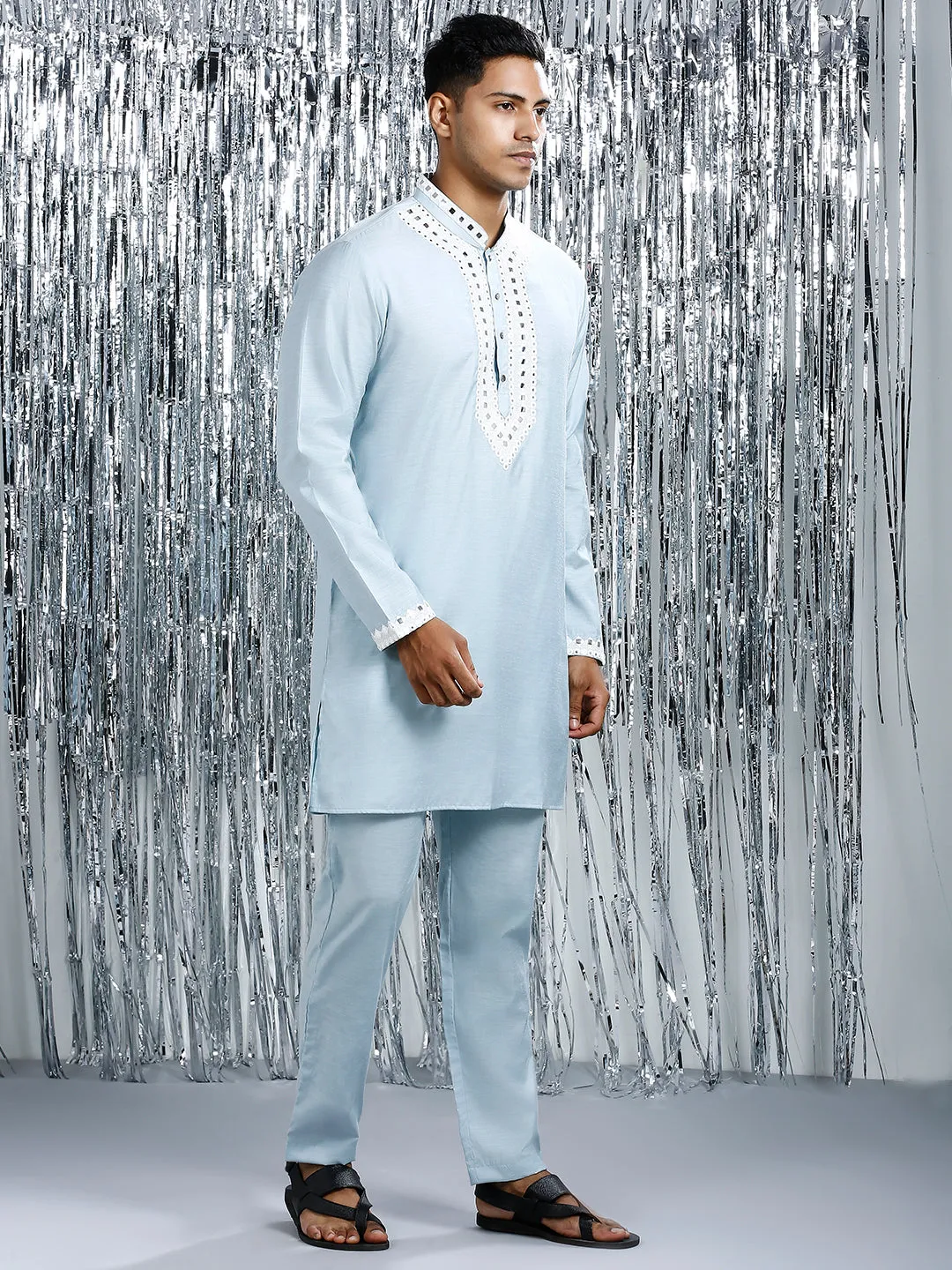 DELICATE BLUE MIRROR WORK MID-LENGTH KURTA SET