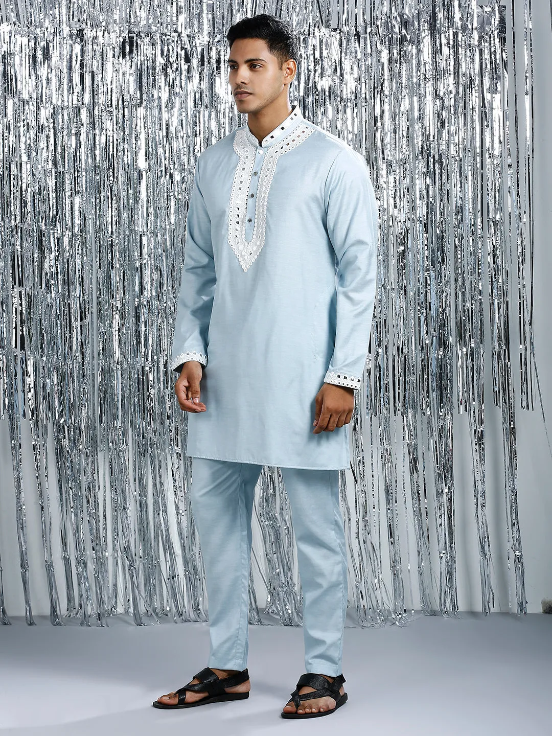 DELICATE BLUE MIRROR WORK MID-LENGTH KURTA SET