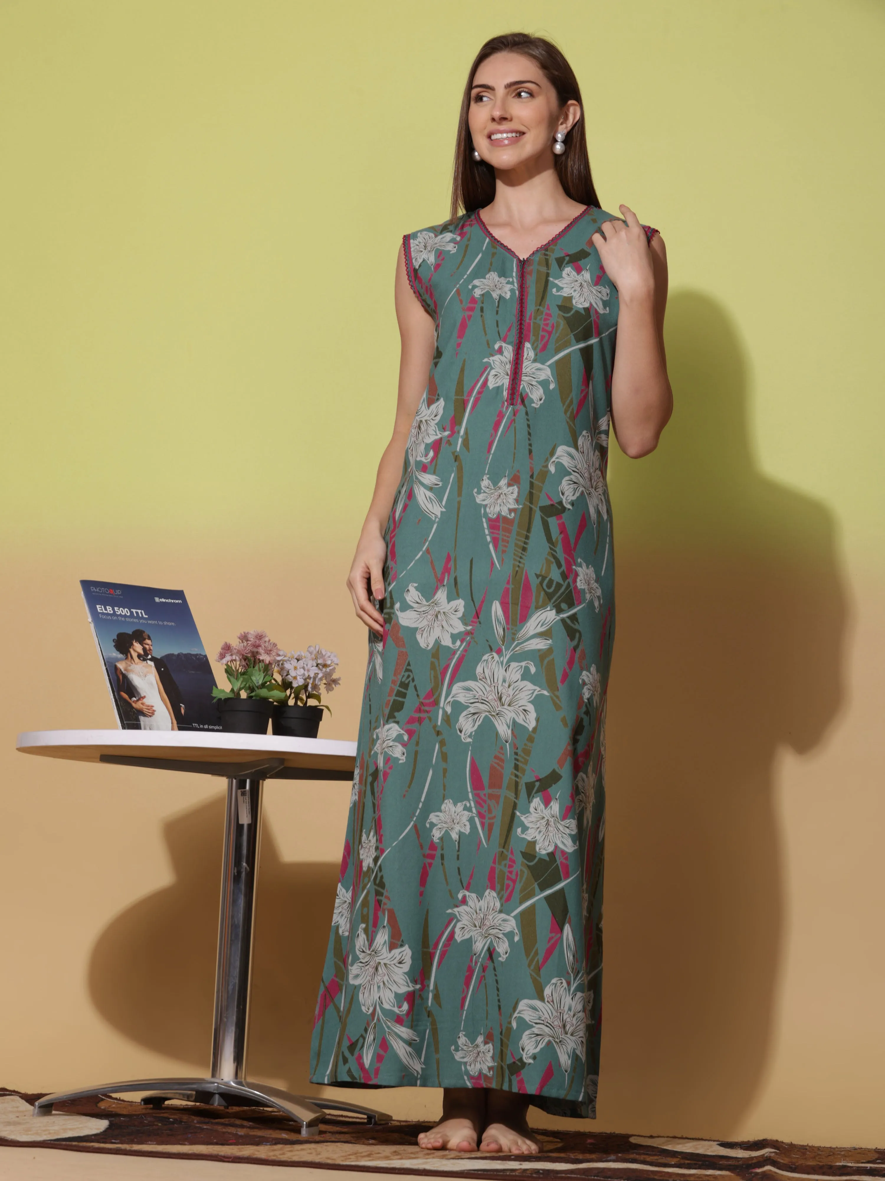 Dreamy Green Alpine Sleeveless Nighty - Elegant & Comfortable