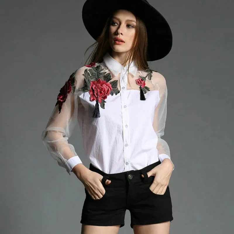 Elegant Organza Flower Embroidery Blouse