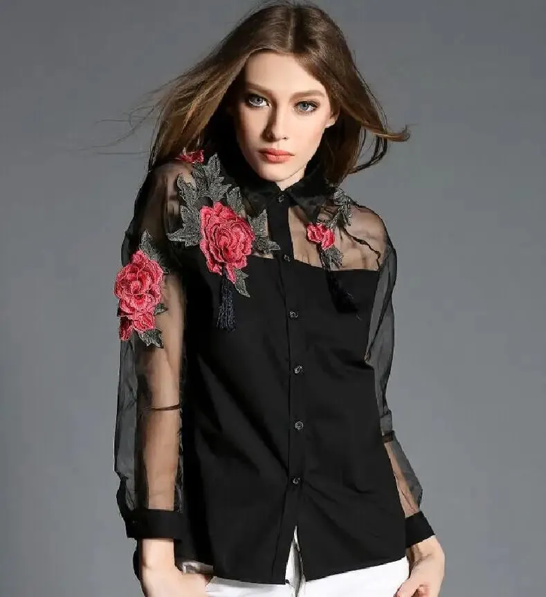 Elegant Organza Flower Embroidery Blouse