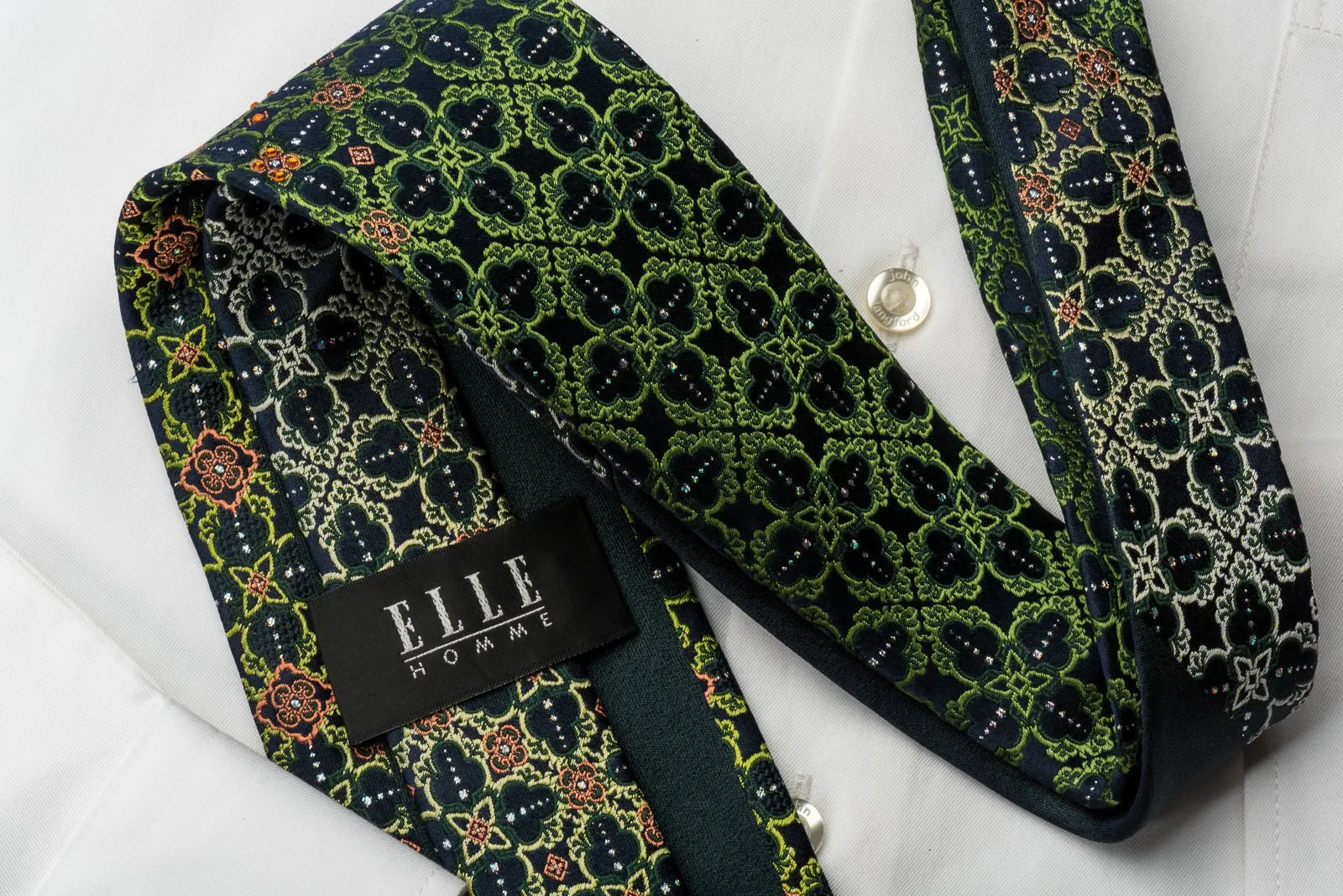 Elle Homme Rhinestone Necktie Green Marrakesh On Dark Blue With Silver Sparkles