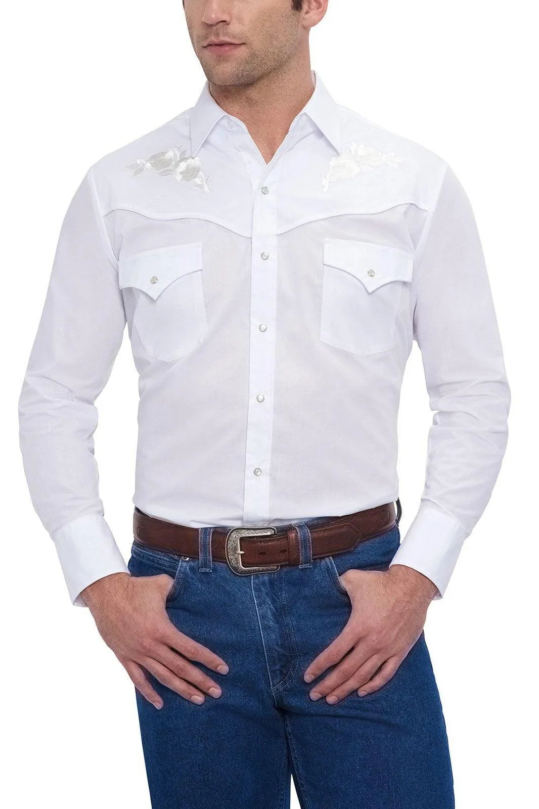 Ely Cattleman Mens L/S White Solid Shirt with white embroidered roses