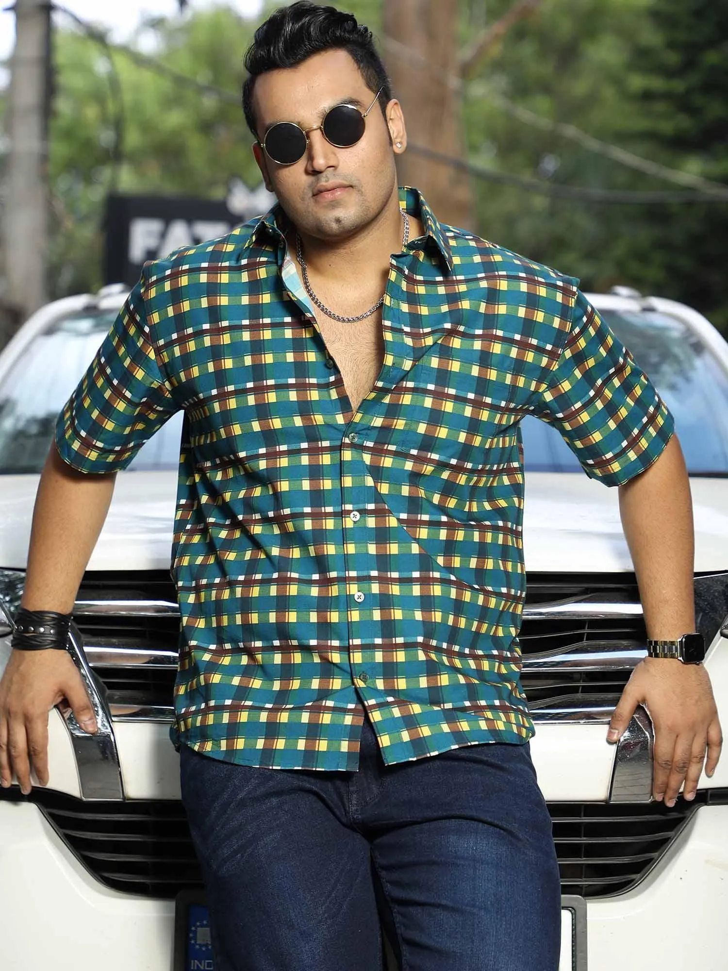 Emerald Yellow Check Cotton Half Sleeve Shirt Men's Plus Size