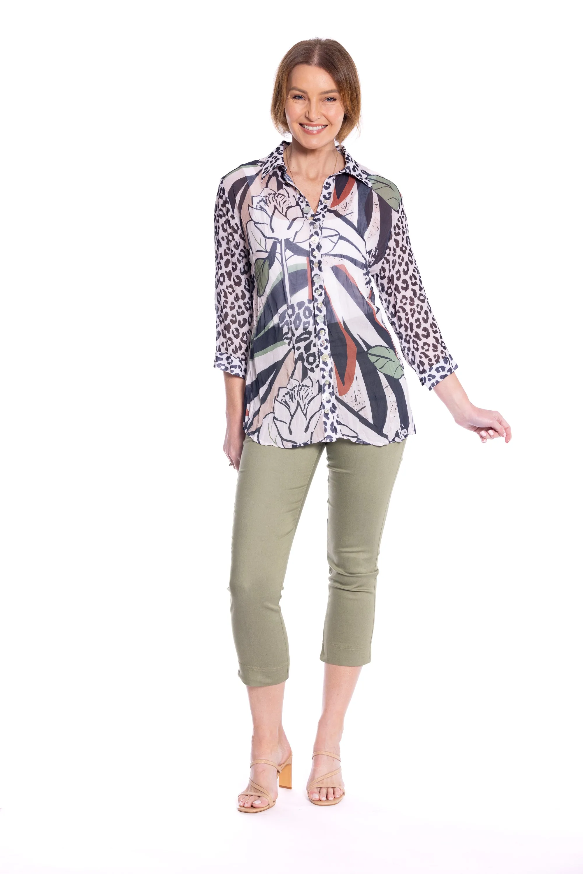 Georgette Shirt by  Café Latte - Natural Collage Print