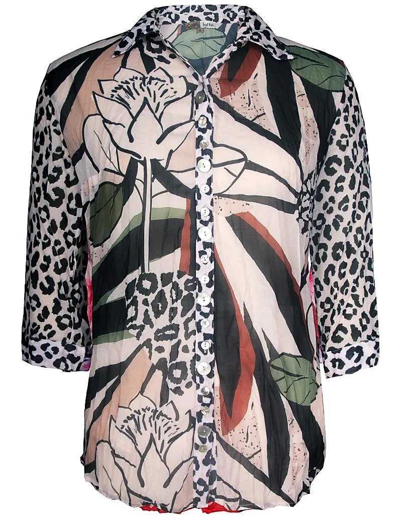 Georgette Shirt by  Café Latte - Natural Collage Print