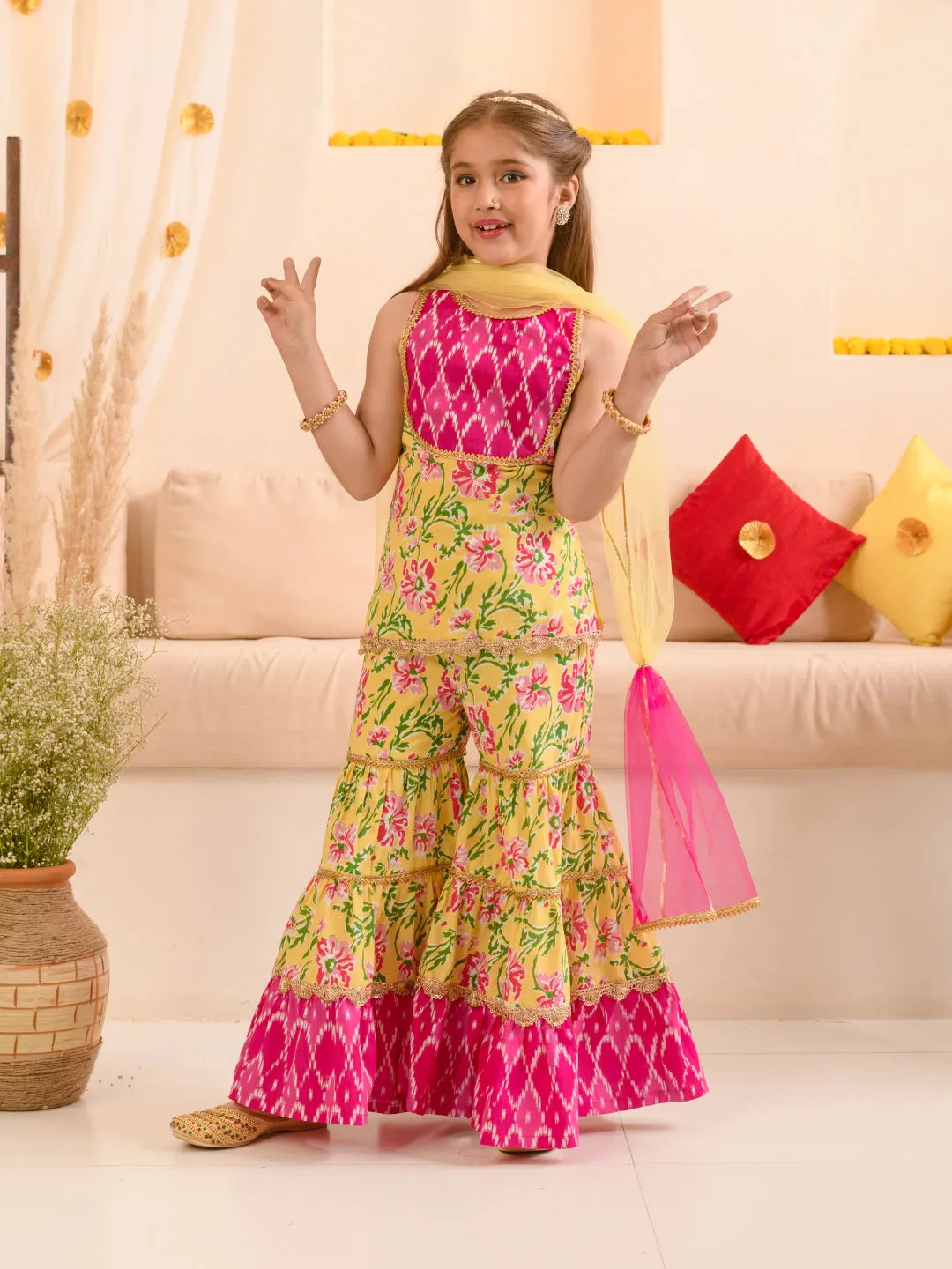 Girls Floral Printed Regular Pure Cotton Kurta With Sharara Dupatta - Ps Peaches