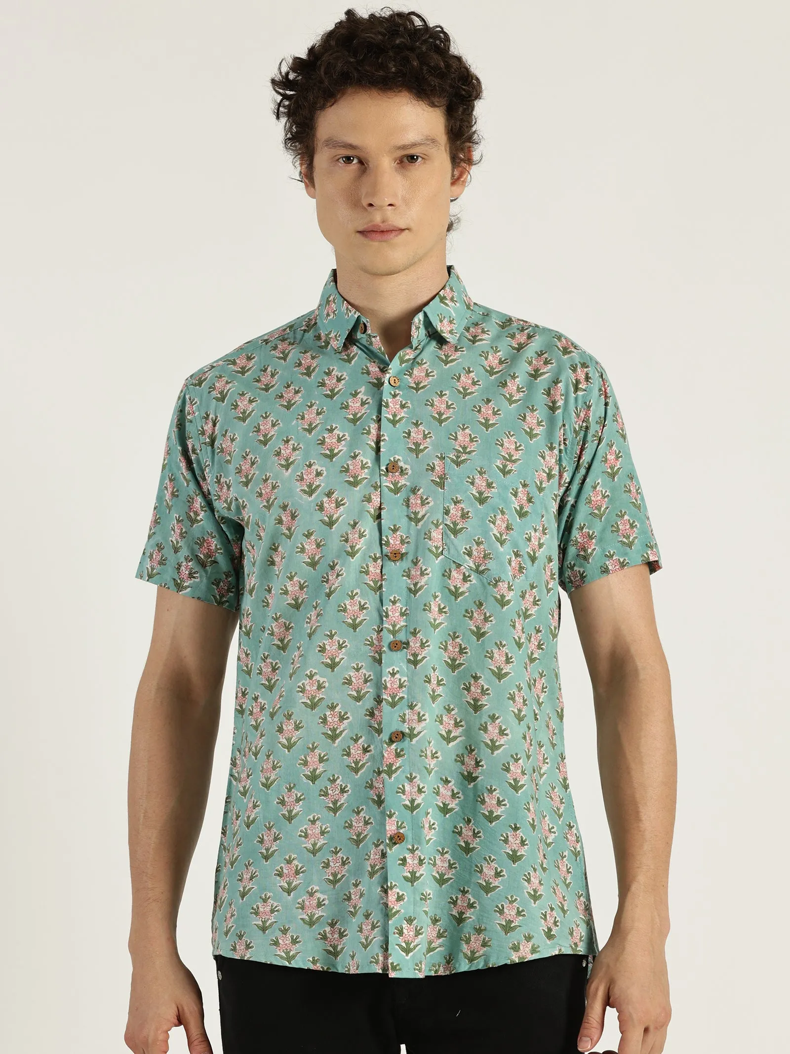 Good Vibes Block Printed Halfsleeves Cotton Shirt