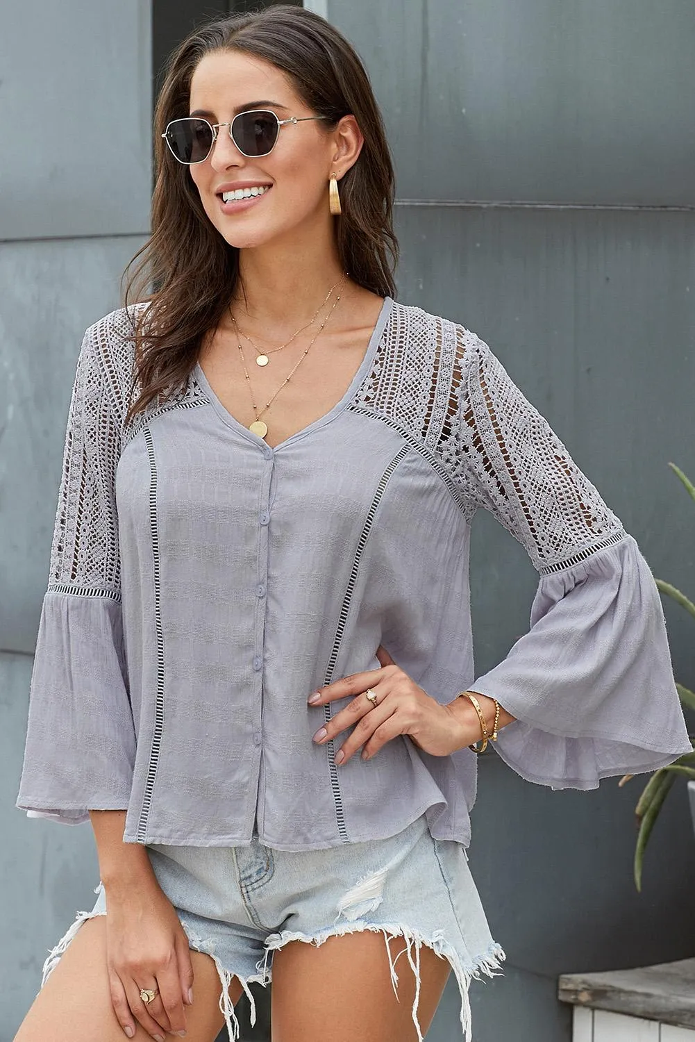 Gray The Du Jour Hollow Out Crochet Blouse