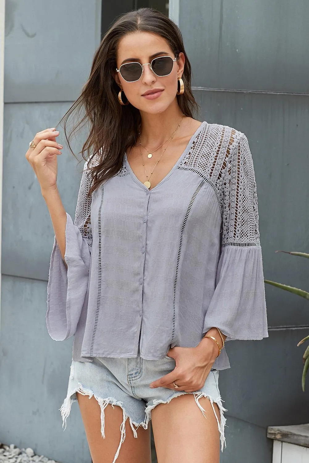 Gray The Du Jour Hollow Out Crochet Blouse